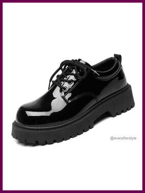 Men's Patent Leather Platform Oxfords Chunky Heel Lace Up Dress Shoes
